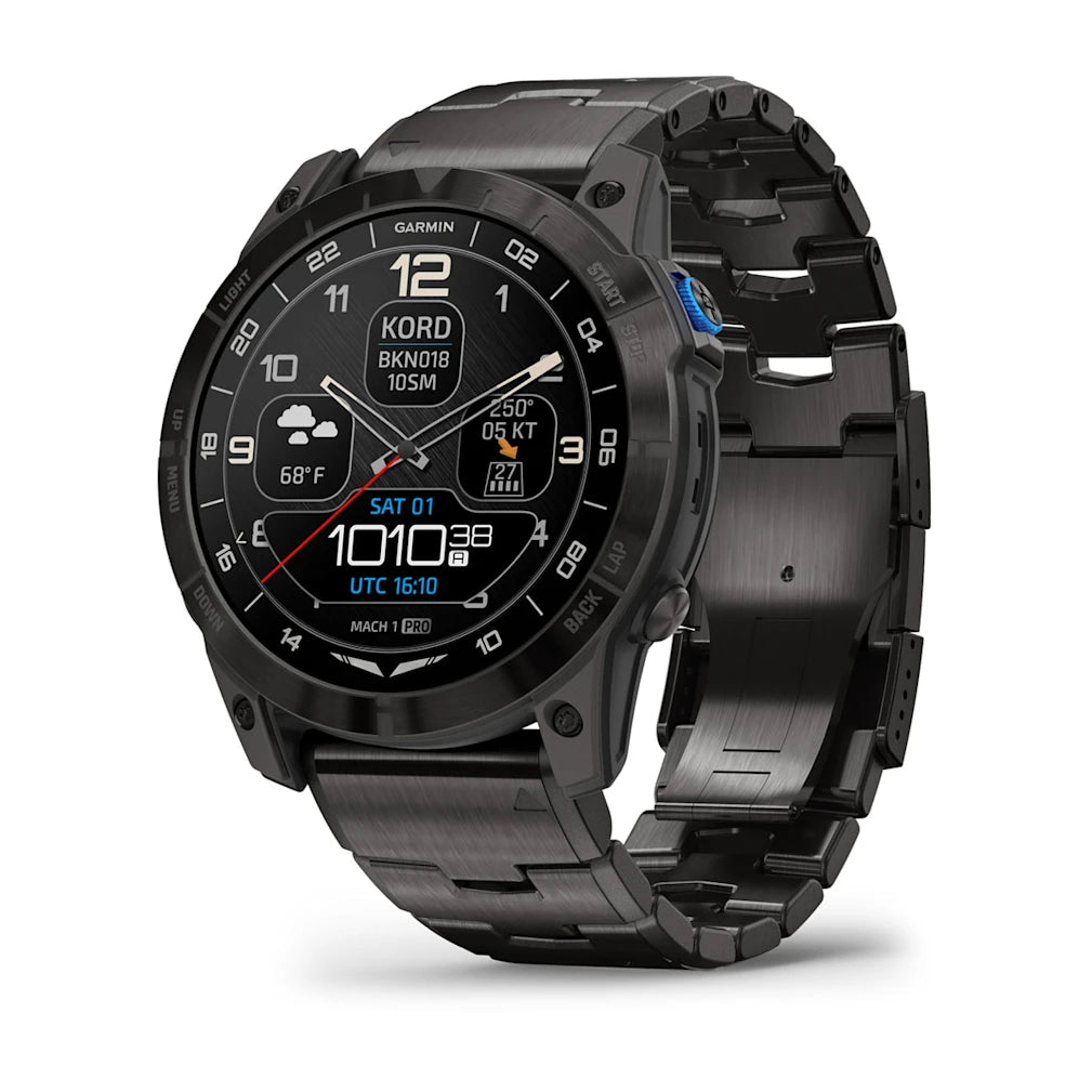 Close-up of the Garmin D2 Mach 1 Pro smartwatch displaying various digital functions, including weather information and time, with a sleek black metal strap.