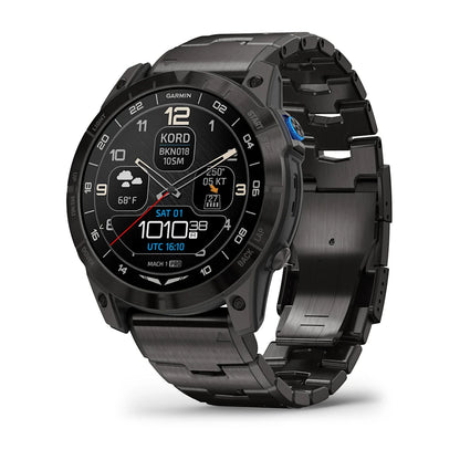Close-up of the Garmin D2 Mach 1 Pro smartwatch displaying various digital functions, including weather information and time, with a sleek black metal strap.