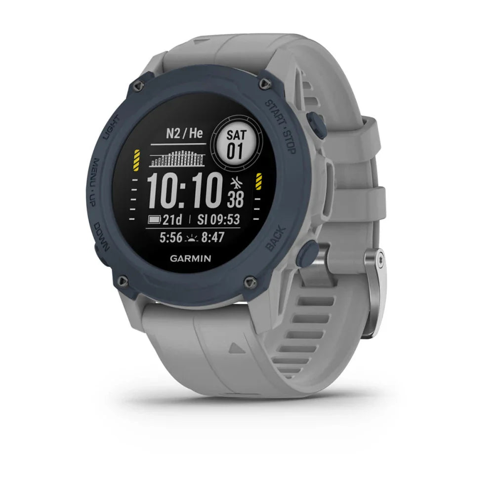 Garmin Descent G1 smartwatch displaying time and dive information on a gray background.