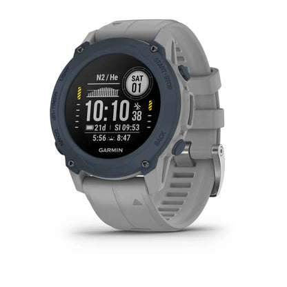 Garmin Descent G1 smartwatch displaying time and dive information on a gray background.