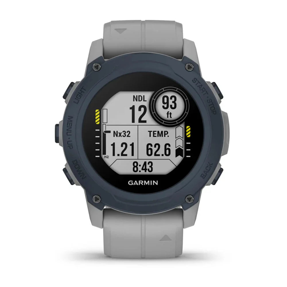 Garmin Descent G1 dive watch displaying various metrics including NDL, depth, and temperature.