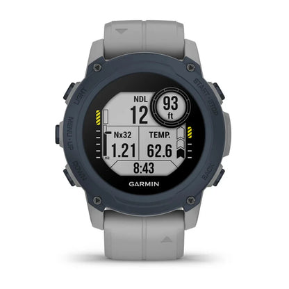 Garmin Descent G1 dive watch displaying various metrics including NDL, depth, and temperature.