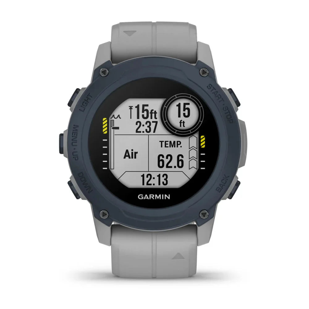 Garmin Descent G1 dive watch displaying depth, temperature, and time information on its screen.