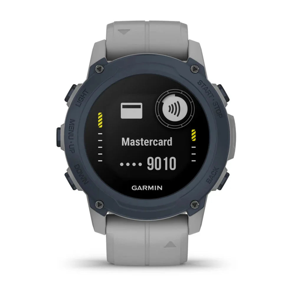 Garmin Descent G1 smartwatch displaying a Mastercard payment screen with card number partially visible.