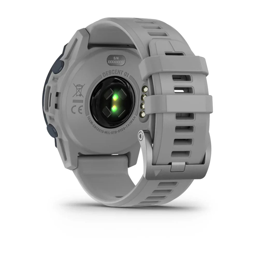 Back view of the Garmin Descent G1 smartwatch showing its gray strap and sensor.