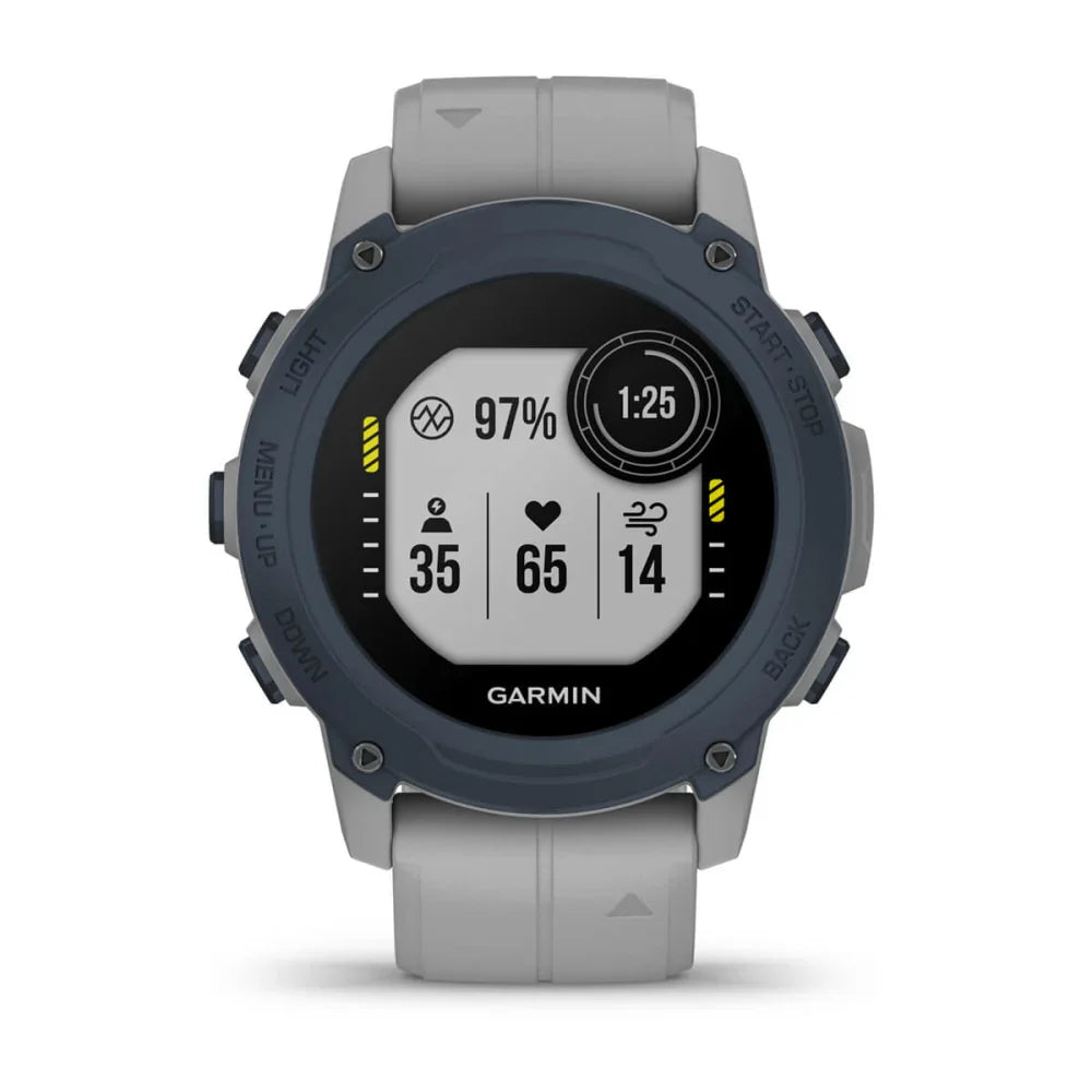 Garmin Descent G1 smartwatch displaying health metrics including heart rate, oxygen saturation, and workout time.