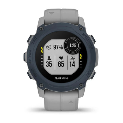 Garmin Descent G1 smartwatch displaying health metrics including heart rate, oxygen saturation, and workout time.