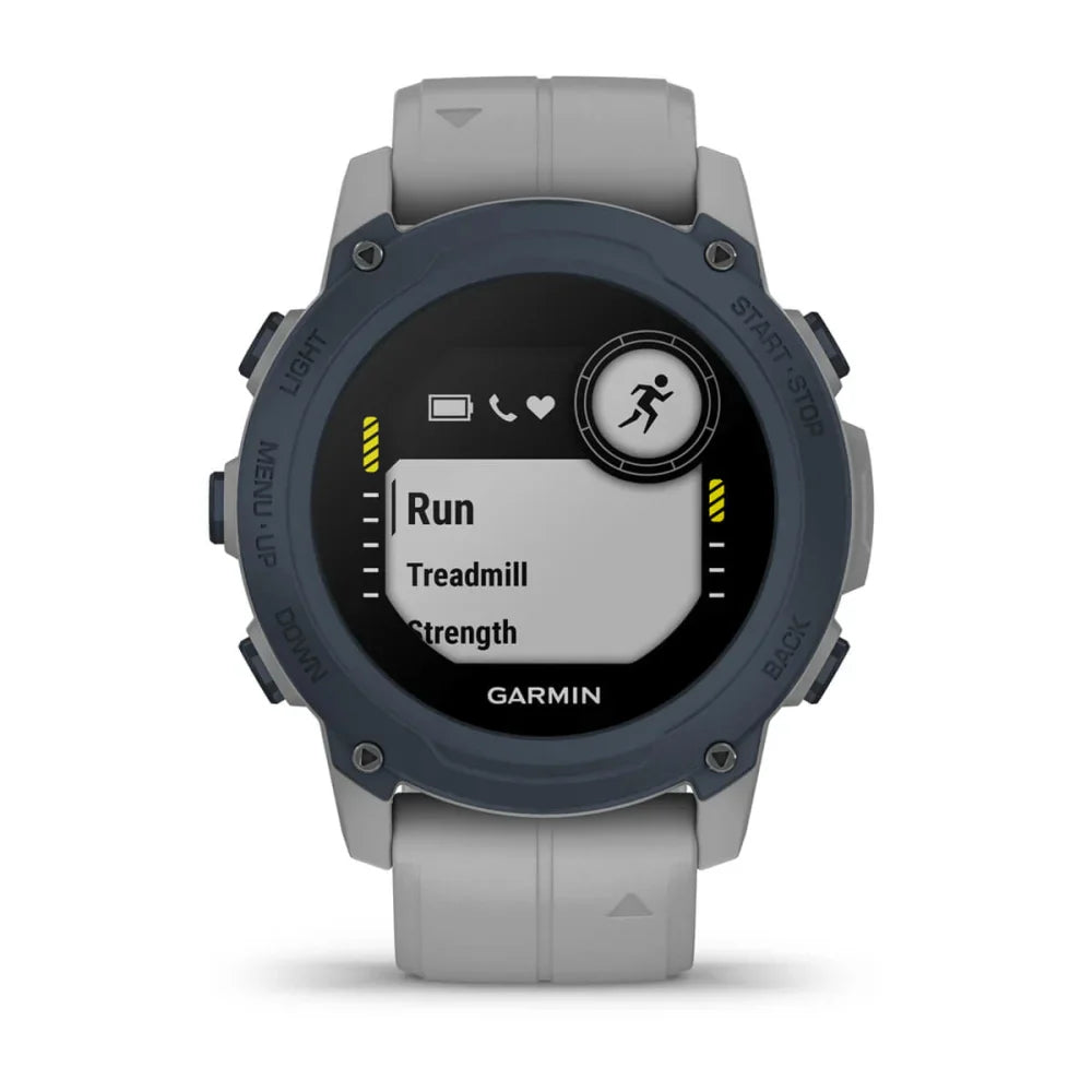 Garmin Descent G1 smartwatch displaying workout options including Run, Treadmill, and Strength.