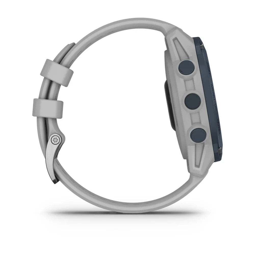Side view of the Garmin Descent G1 watch featuring a gray strap and buttons.