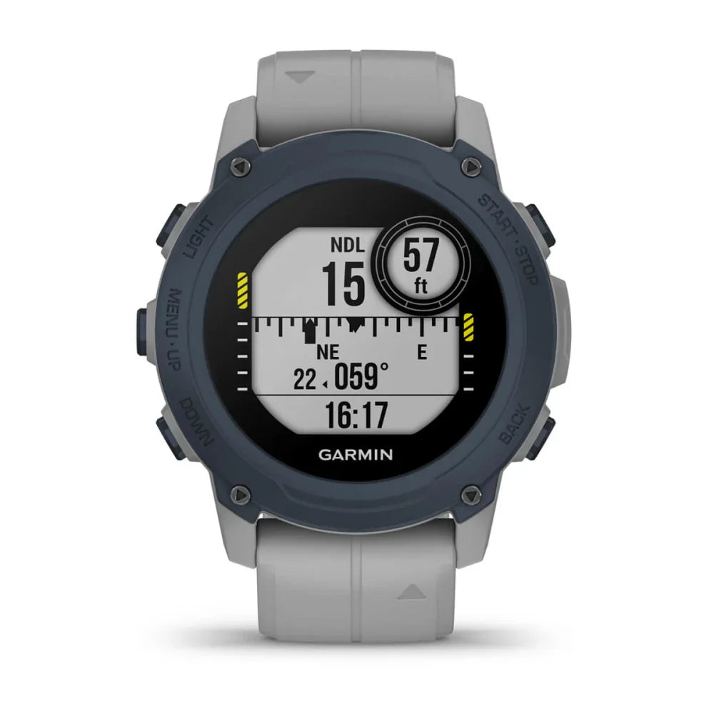 Garmin Descent G1 dive watch displaying NDL, depth, and directional information on a digital screen with a gray strap.