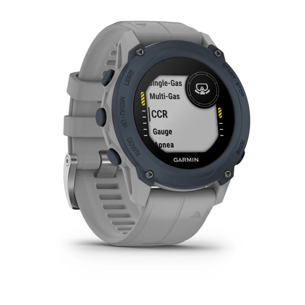Garmin Descent G1 dive watch displaying various diving modes including Single-Gas, Multi-Gas, CCR, Gauge, and Apnea.