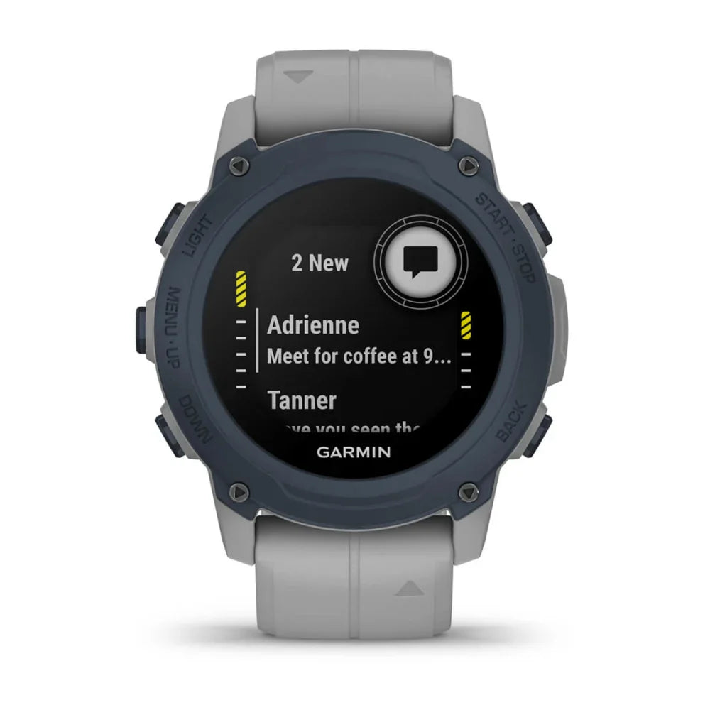 Garmin Descent G1 smartwatch displaying new message notifications from contacts.