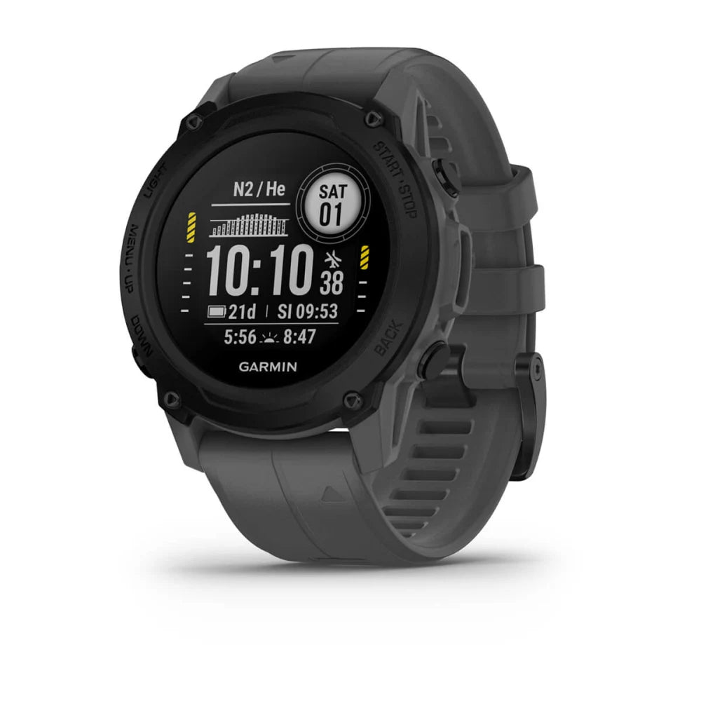 Garmin Descent G1 smartwatch displaying time, date, and dive metrics, featuring a black and gray design.