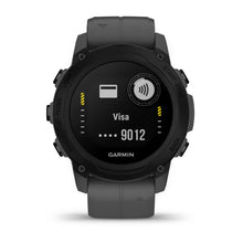 Garmin Descent G1 smartwatch displaying a digital payment screen with a Visa card option.