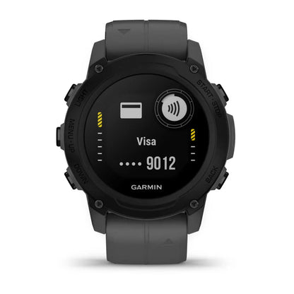Garmin Descent G1 smartwatch displaying a digital payment screen with a Visa card option.