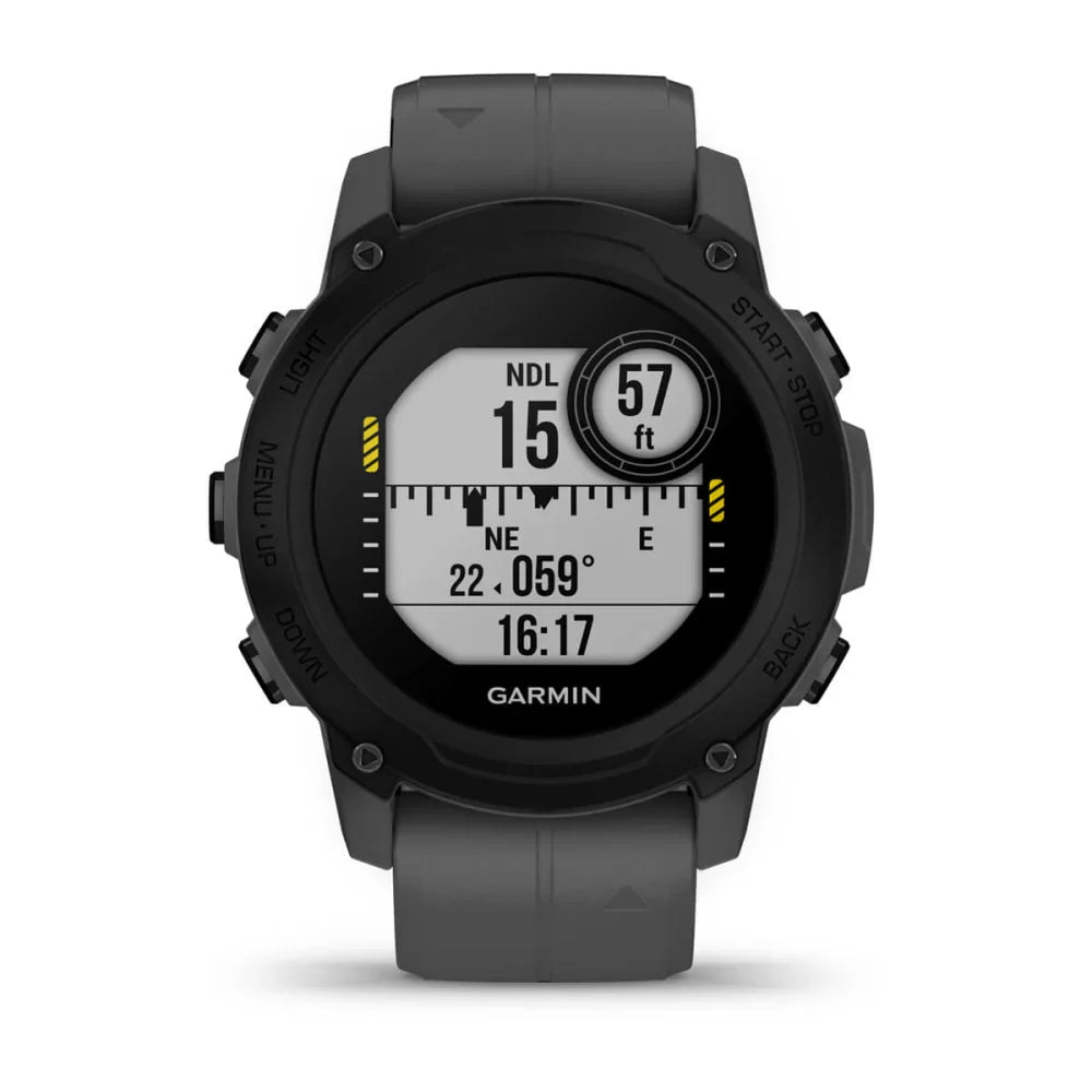 Garmin Descent G1 smartwatch displaying dive metrics, including NDL, depth, and compass direction.