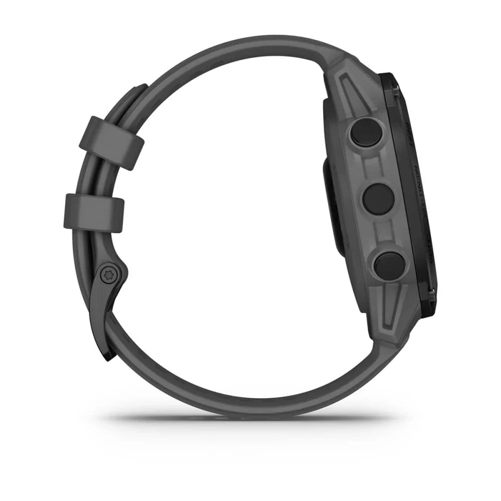Garmin Descent G1 smartwatch shown in profile view, featuring a sleek design and multiple buttons on the side.