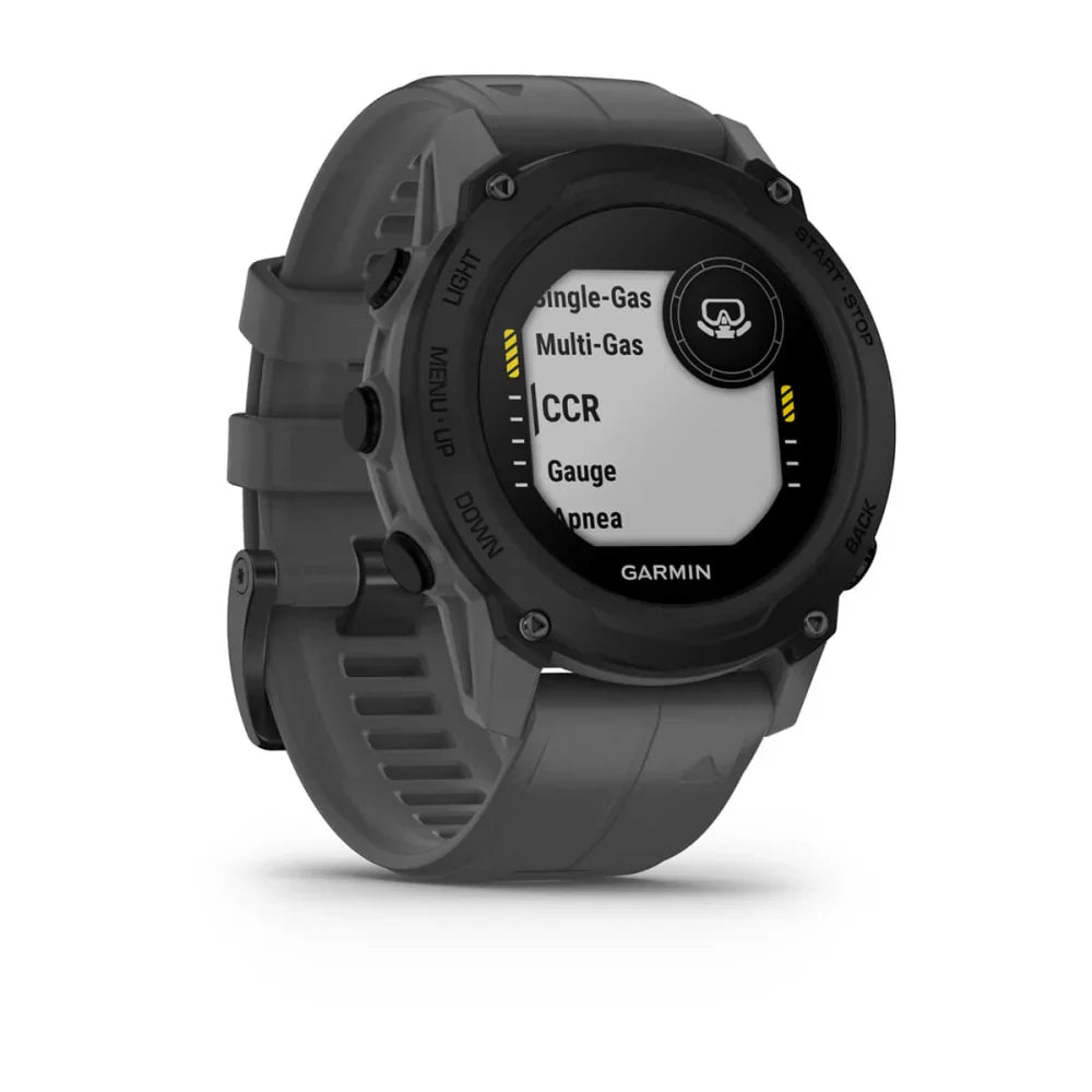 Garmin Descent G1 smartwatch displaying various diving modes including Single-Gas, Multi-Gas, CCR, Gauge, and Apnea.