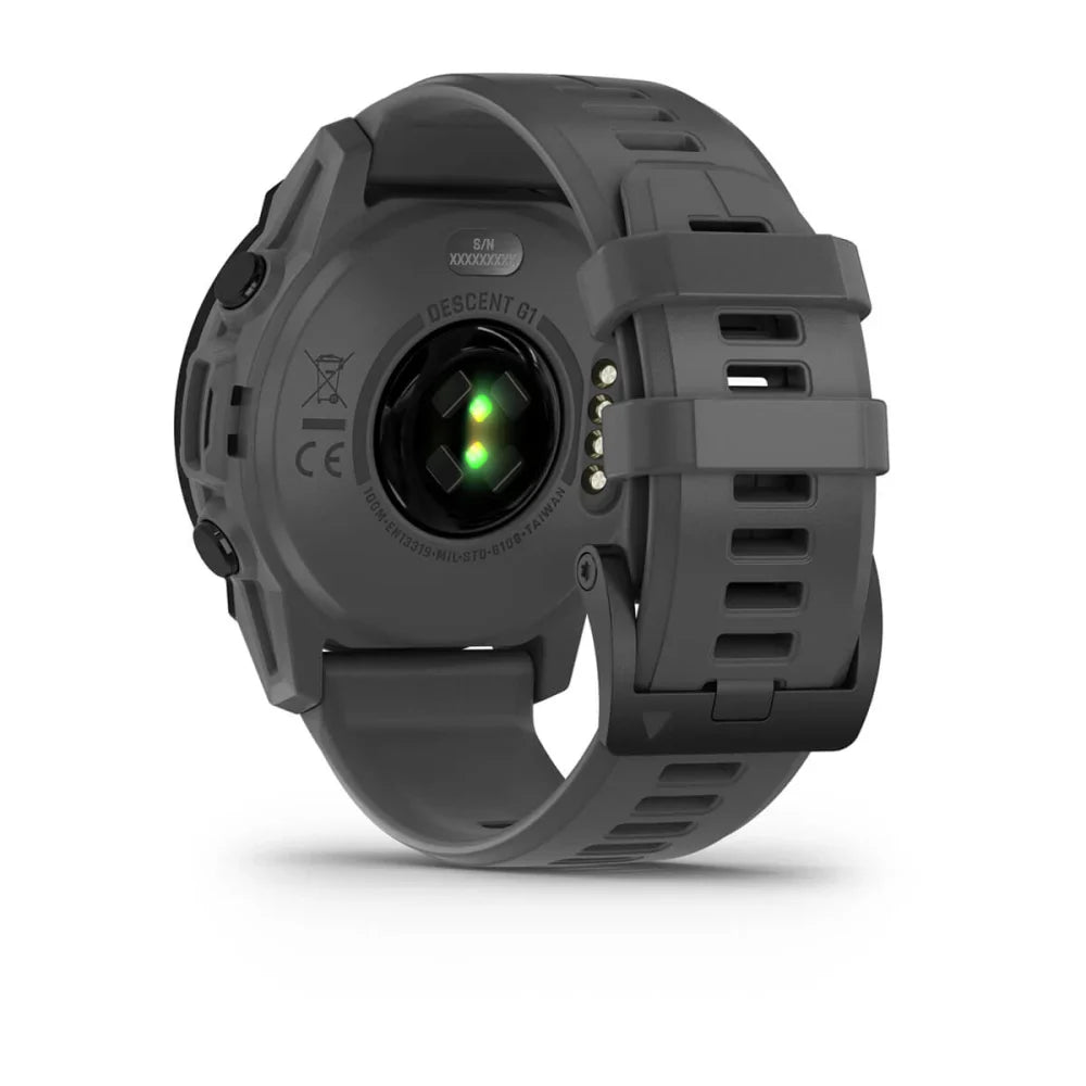 Back view of the Garmin Descent G1 smartwatch, showcasing the sensor and strap details.