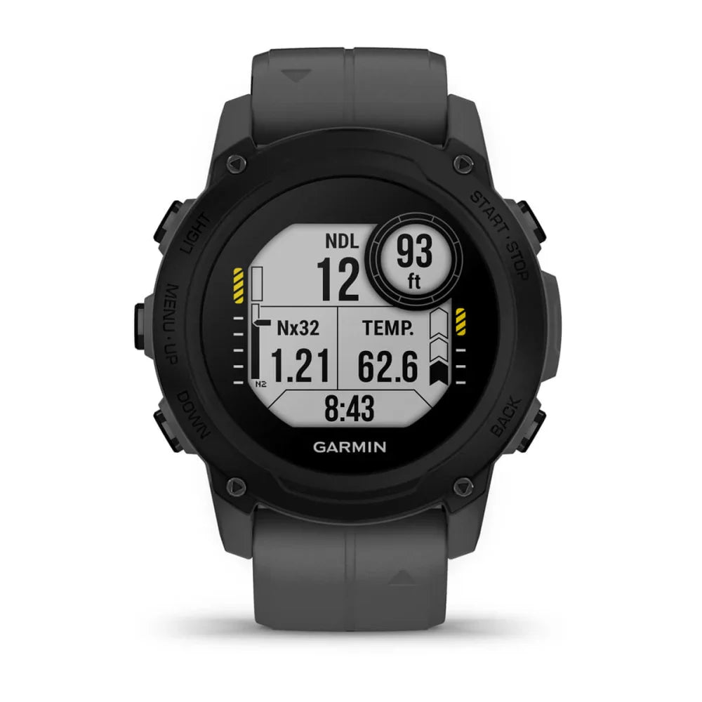 Garmin Descent G1 dive watch displaying information such as NDL, depth, temperature, and time.