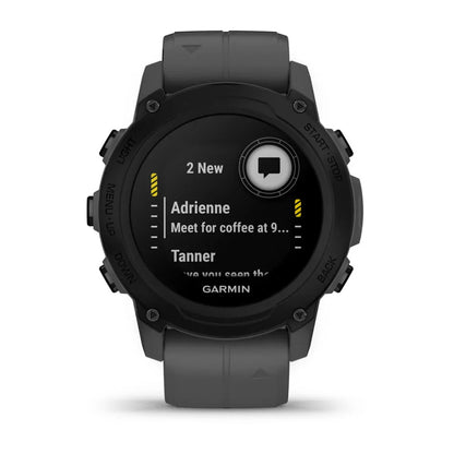 Garmin Descent G1 smartwatch displaying new message notifications from contacts Adrienne and Tanner.