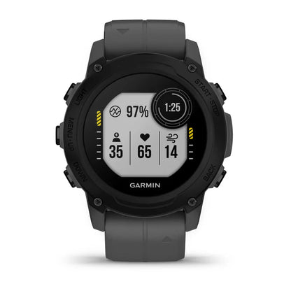 Garmin Descent G1 smartwatch displaying health metrics including heart rate, oxygen saturation, and time.