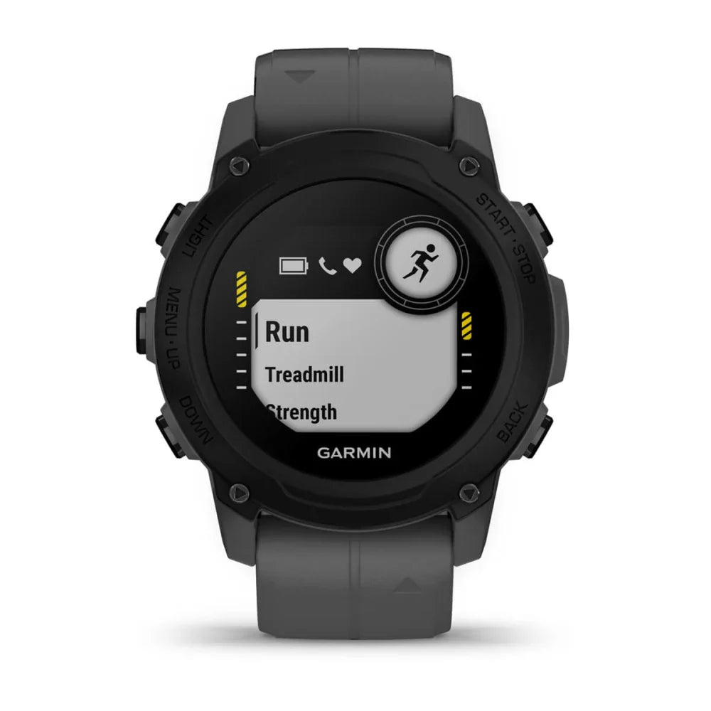 Garmin Descent G1 smartwatch displaying workout options including Run, Treadmill, and Strength.