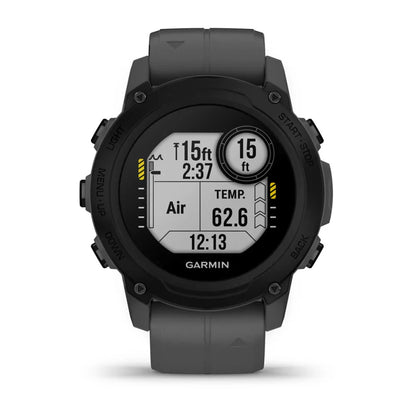 Garmin Descent G1 smartwatch display showing depth, temperature, and time metrics.