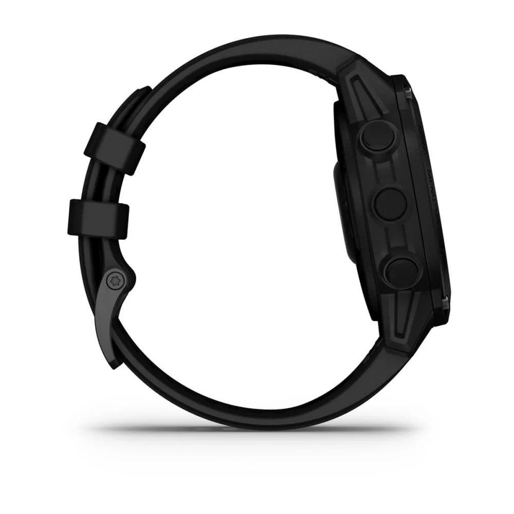Side view of the Garmin Descent G1 Solar smartwatch featuring a black band and buttons.