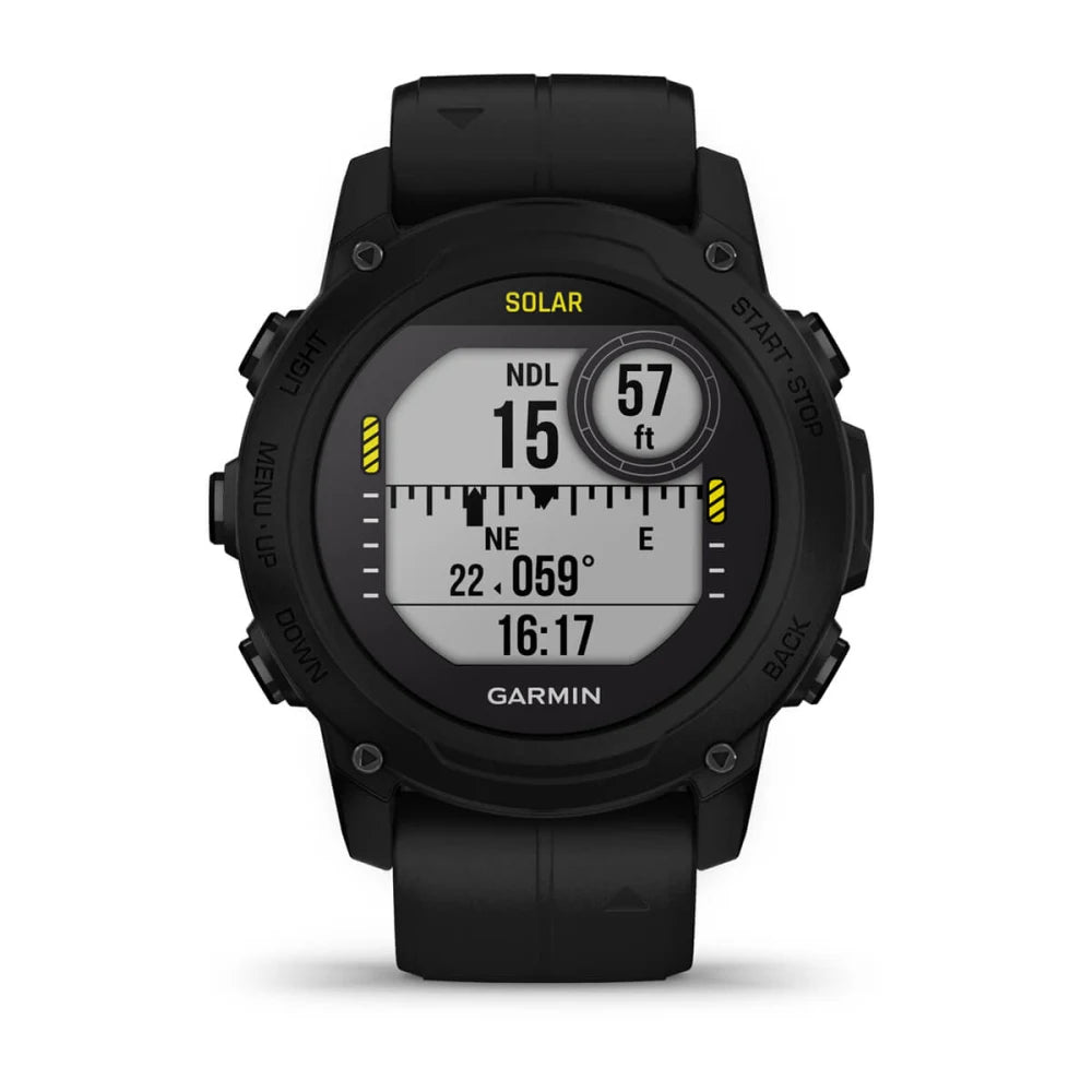 Garmin Descent G1 Solar watch displaying dive data with a black strap and solar charging feature.