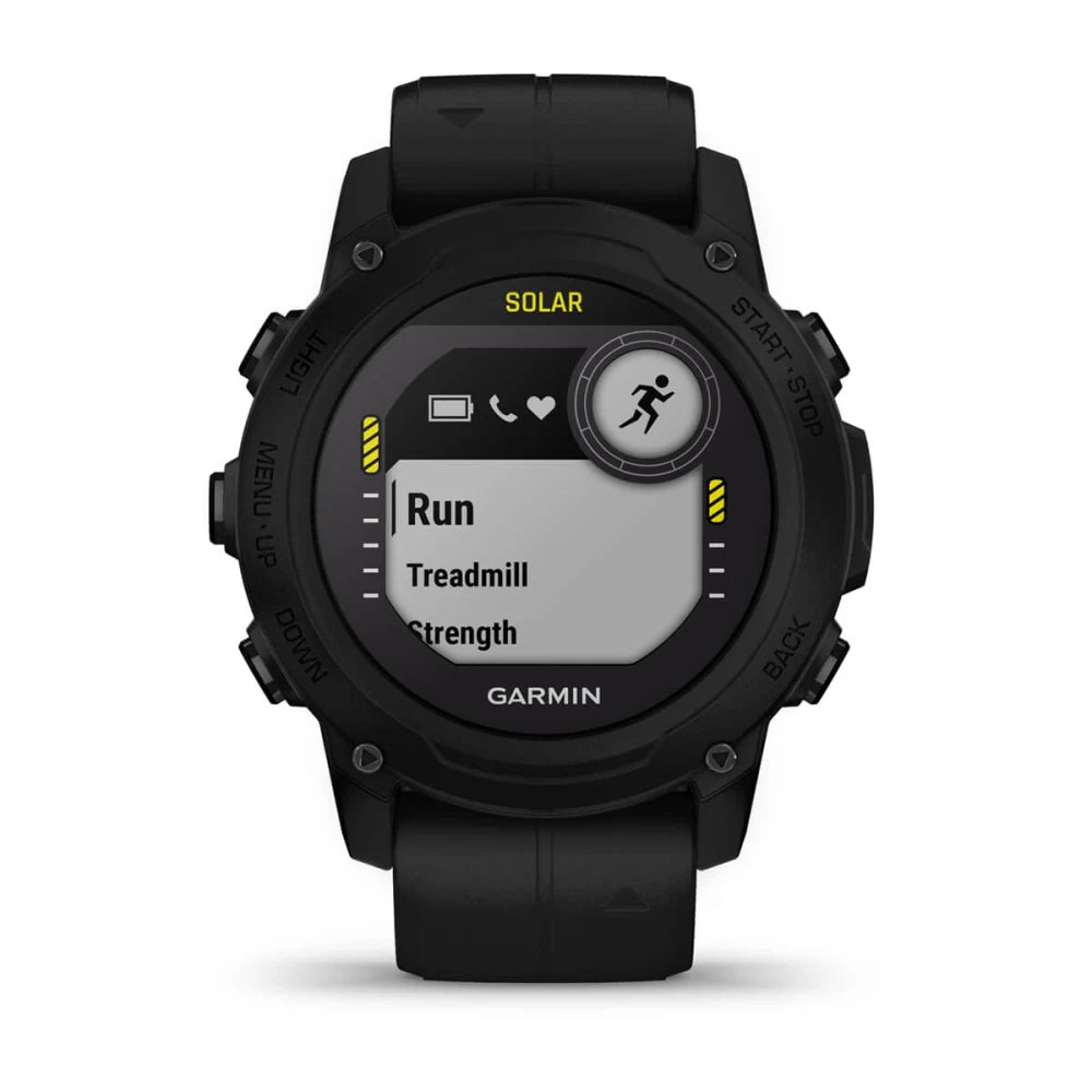 Garmin Descent G1 Solar smartwatch displaying workout options including Run, Treadmill, and Strength.
