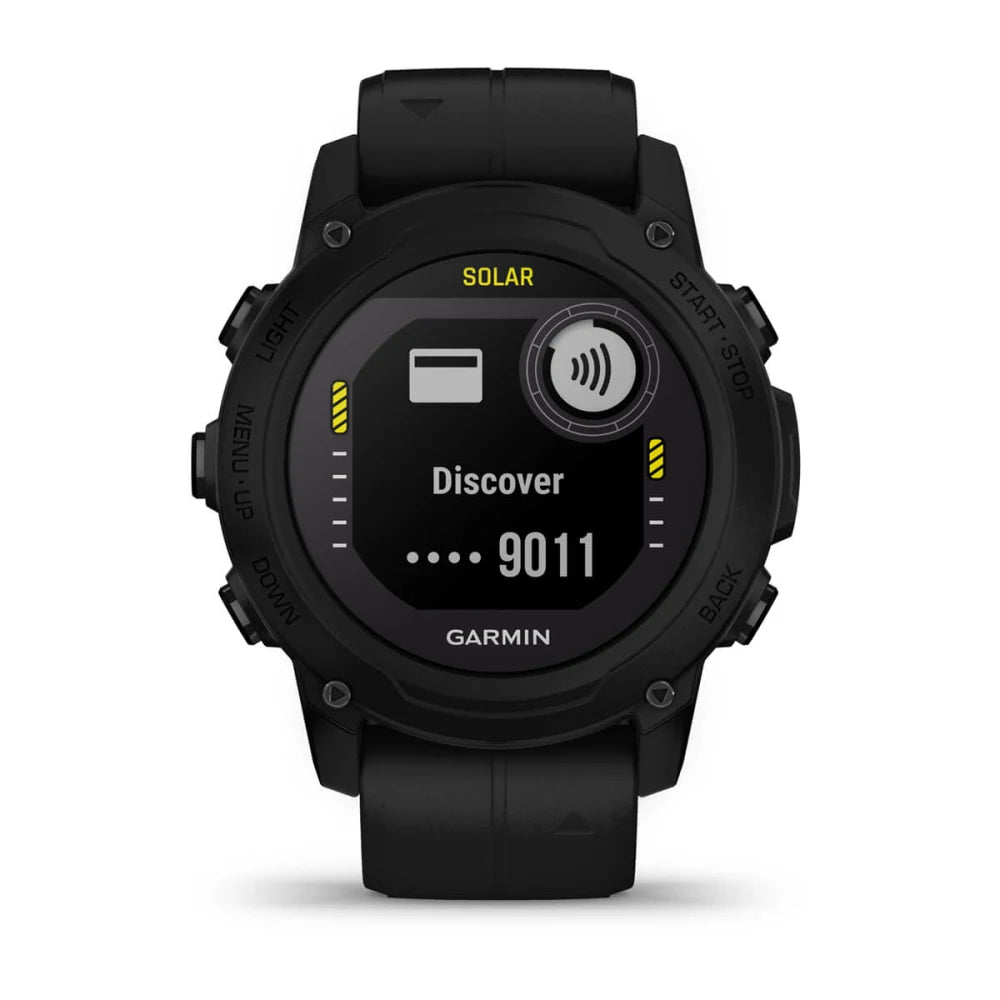 Garmin Descent G1 Solar smartwatch displaying the word 'Discover' and a numerical value of 9011 on its screen, with a black strap and rugged design.