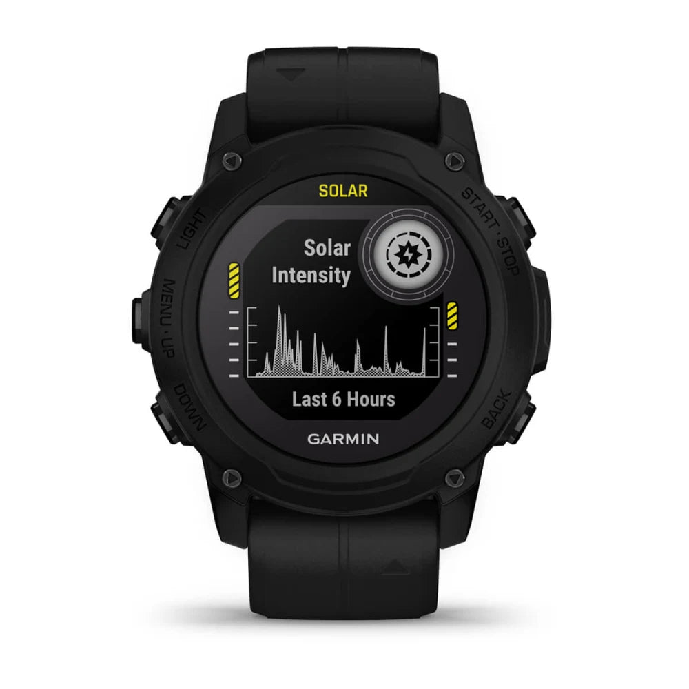 Garmin Descent G1 Solar smartwatch displaying solar intensity data for the last 6 hours.