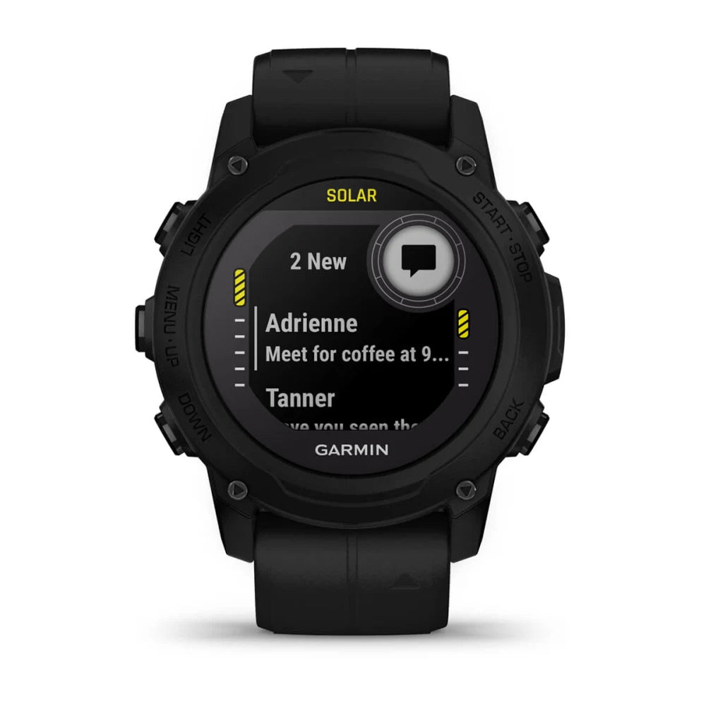 Garmin Descent G1 Solar smartwatch displaying new messages on its screen.