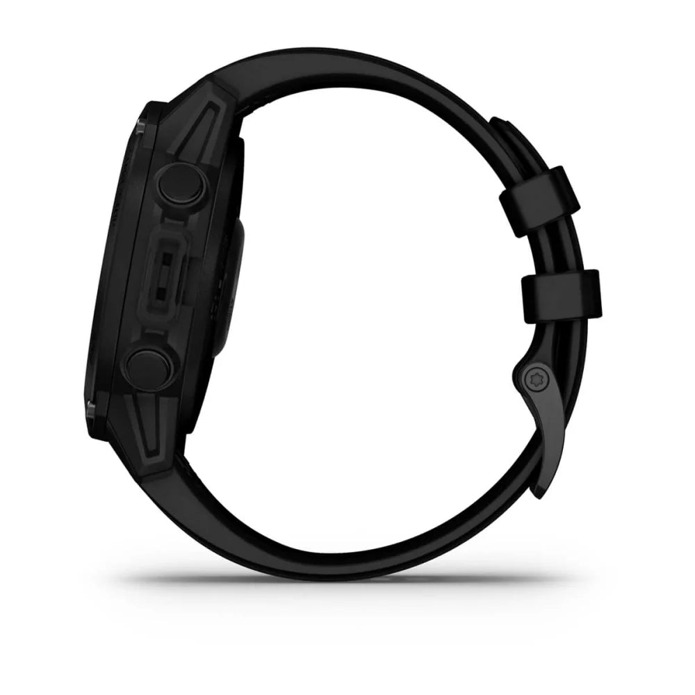 Side view of the Garmin Descent G1 Solar smartwatch, featuring a black strap and buttons.