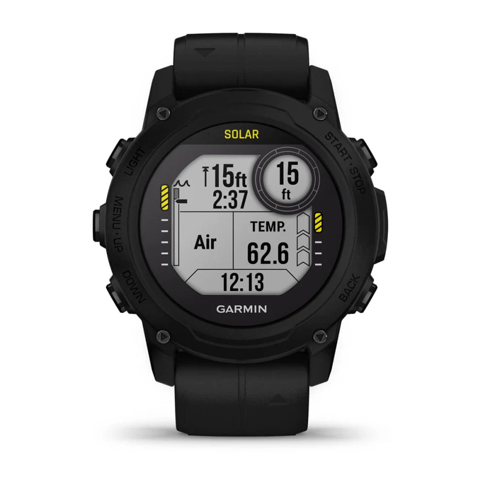Garmin Descent G1 Solar smartwatch displaying diving metrics including depth, temperature, and time.