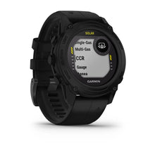 Garmin Descent G1 Solar watch displaying various diving modes including Single-Gas, Multi-Gas, CCR, Gauge, and Apnea.