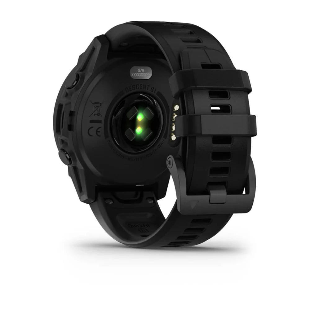 Garmin Descent G1 Solar smartwatch displaying a black strap and a green light sensor on the back.
