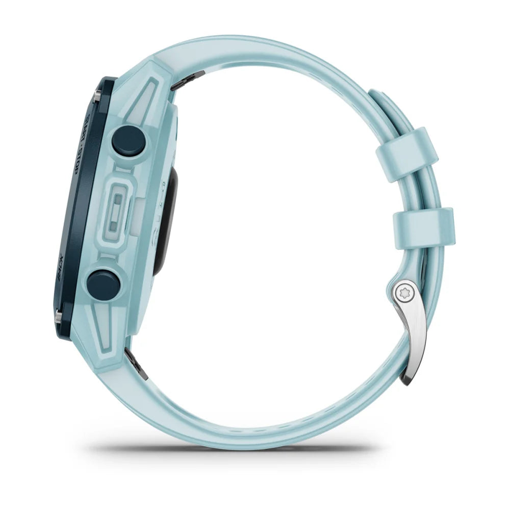 Garmin Descent G1 Solar - Ocean Edition, showcasing the side view of the watch with a light blue strap and dark face.