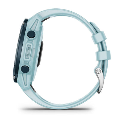 Garmin Descent G1 Solar - Ocean Edition, showcasing the side view of the watch with a light blue strap and dark face.