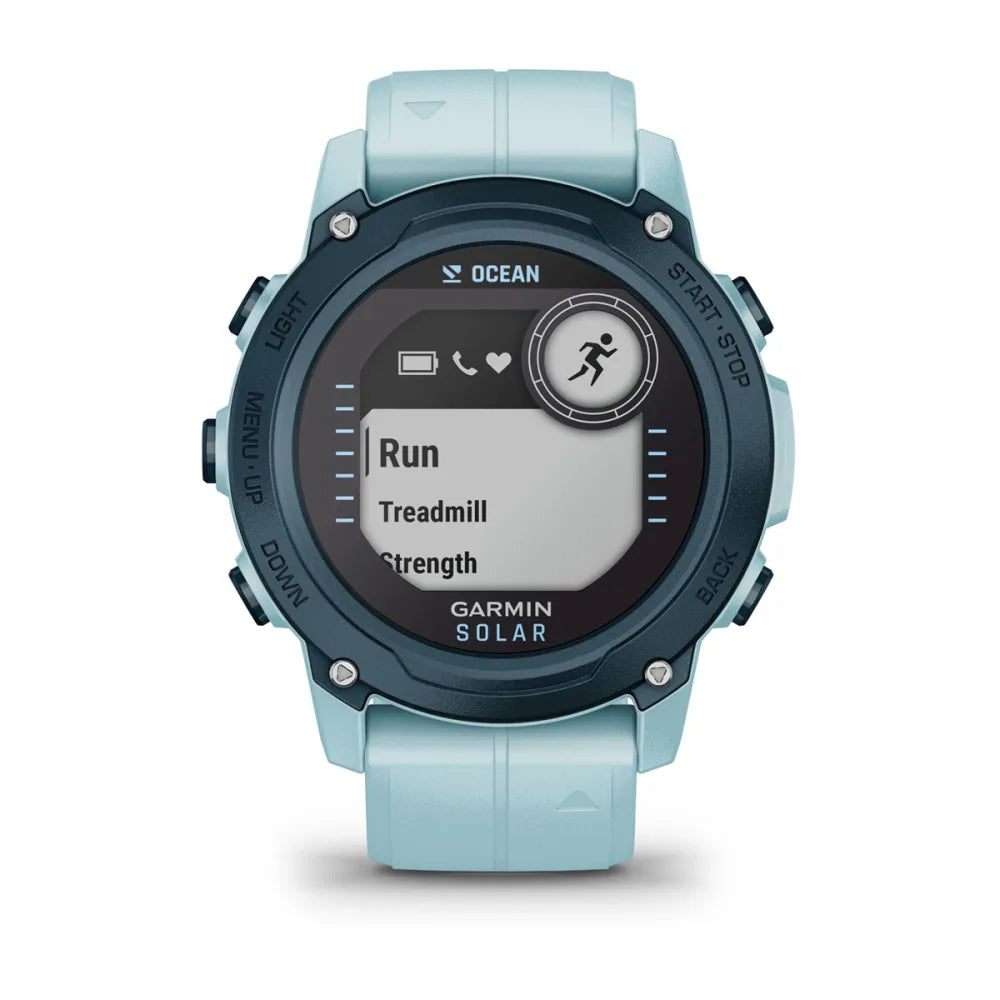 Garmin Descent G1 Solar - Ocean Edition smartwatch displaying workout options including Run, Treadmill, and Strength.
