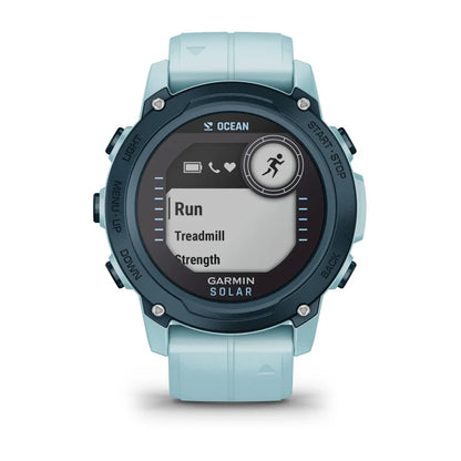 Garmin Descent G1 Solar - Ocean Edition smartwatch displaying workout options including Run, Treadmill, and Strength.