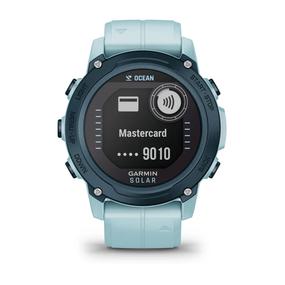 Garmin Descent G1 Solar - Ocean Edition smartwatch displaying a Mastercard payment screen.