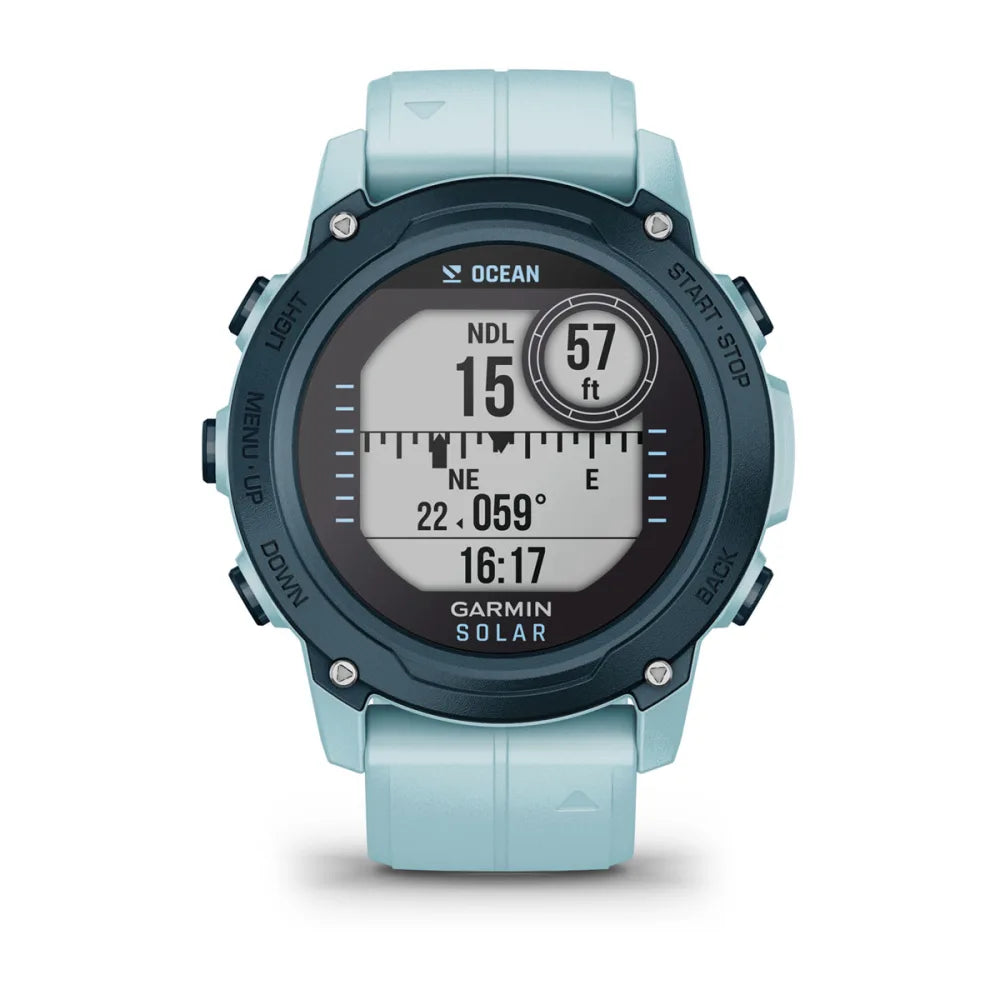 Garmin Descent G1 Solar - Ocean Edition smartwatch displaying depth and directional information on its screen.