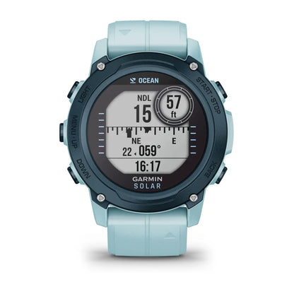 Garmin Descent G1 Solar - Ocean Edition smartwatch displaying depth and directional information on its screen.