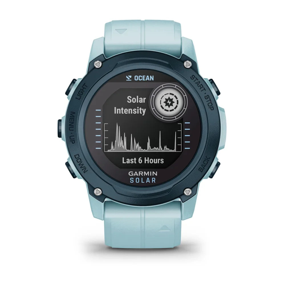Garmin Descent G1 Solar - Ocean Edition smartwatch displaying solar intensity data for the last 6 hours.