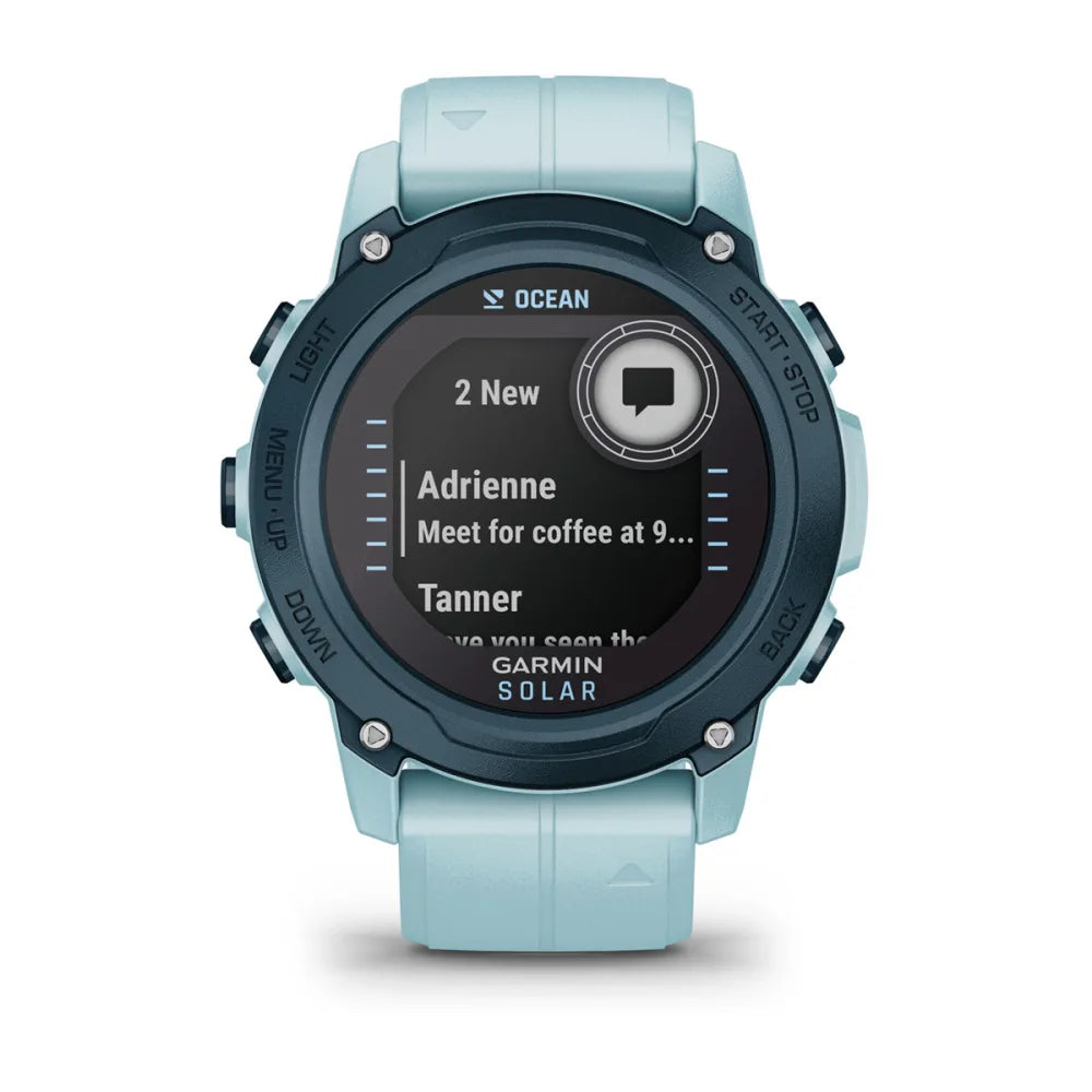 Garmin Descent G1 Solar - Ocean Edition smartwatch displaying notifications with a light blue strap.