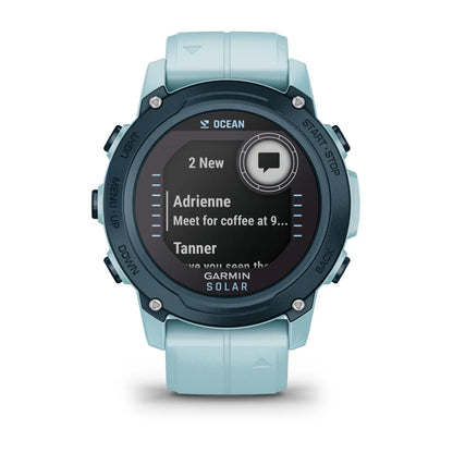 Garmin Descent G1 Solar - Ocean Edition smartwatch displaying notifications with a light blue strap.