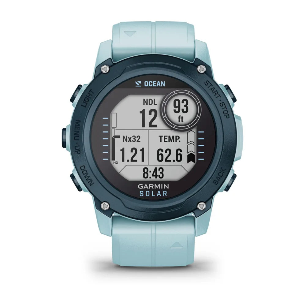 Garmin Descent G1 Solar - Ocean Edition, displaying various diving metrics including NDL, depth, temperature, and time.