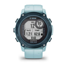 Garmin Descent G1 Solar - Ocean Edition, displaying various diving metrics including NDL, depth, temperature, and time.